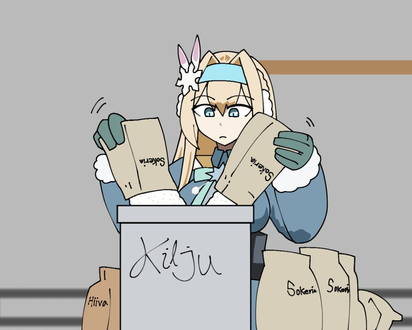 1girl, alcohol, blonde_hair, blue_coat, blue_eyes, blue_gloves, coat, earmuffs