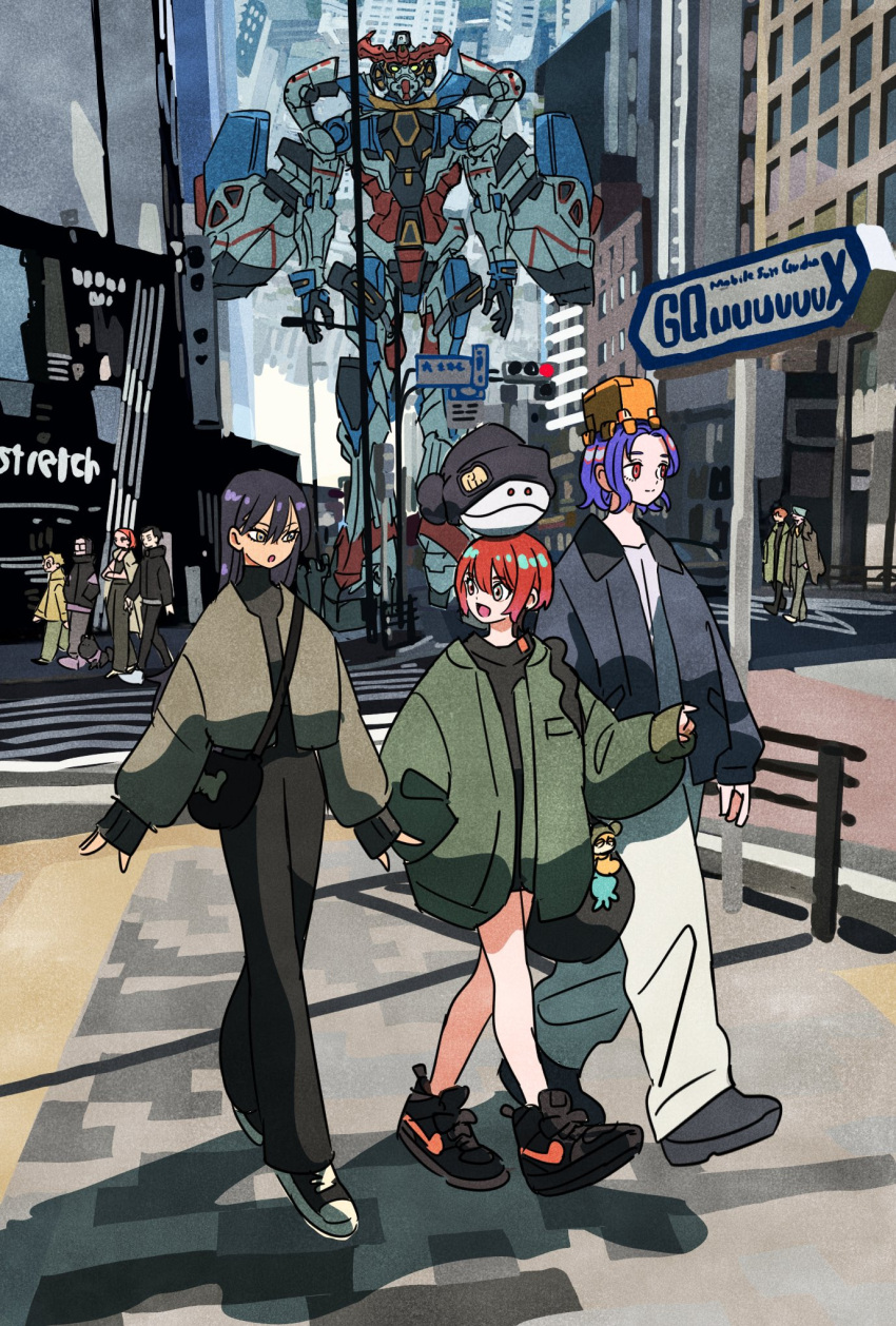 amate_yuzuriha, aqua_eyes, aqua_skirt, beanie, challia_bull, charm_(object), city, closed_mouth, coat, dark-skinned_female, dark_skin, gquuuuuux, green_eyes, gundam, gundam_gquuuuuux, hat, highres, long_sleeves, multiple_girls, nyaan_(gundam_gquuuuuux), open_mouth, pants, purple_hair, red_eyes, red_hair, robot, shirt, short_hair, shuji_ito, skirt, smile, takeuchi_ryousuke