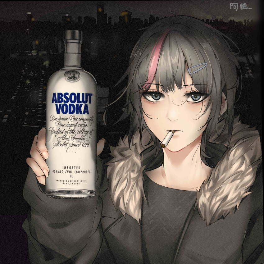1girl, absolut_vodka, absurdres, alcohol, black_hair, blue_eyes, bottle, cigarette