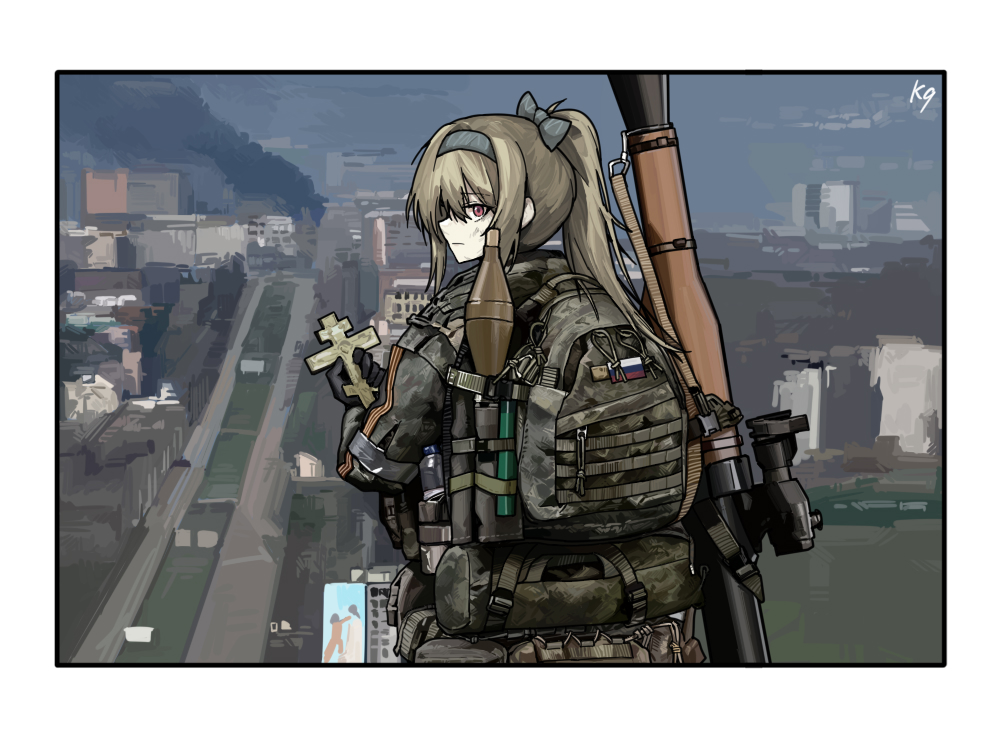 1girl, backpack, bag, blonde_hair, blue_hairband, blue_ribbon, border, chechen_war, city, cityscape, cross, girls_frontline, grozny_(city), hairband, is-8_shi_zhong_zhan_che, looking_at_viewer, looking_back, military_combat_uniform, orthodox_cross, red_eyes, ribbon, ribbon_of_saint_george, rocket_launcher, rpg_(weapon), russian_flag, russian_ground_forces, solo, sv-98_(girls'_frontline), weapon, white_border