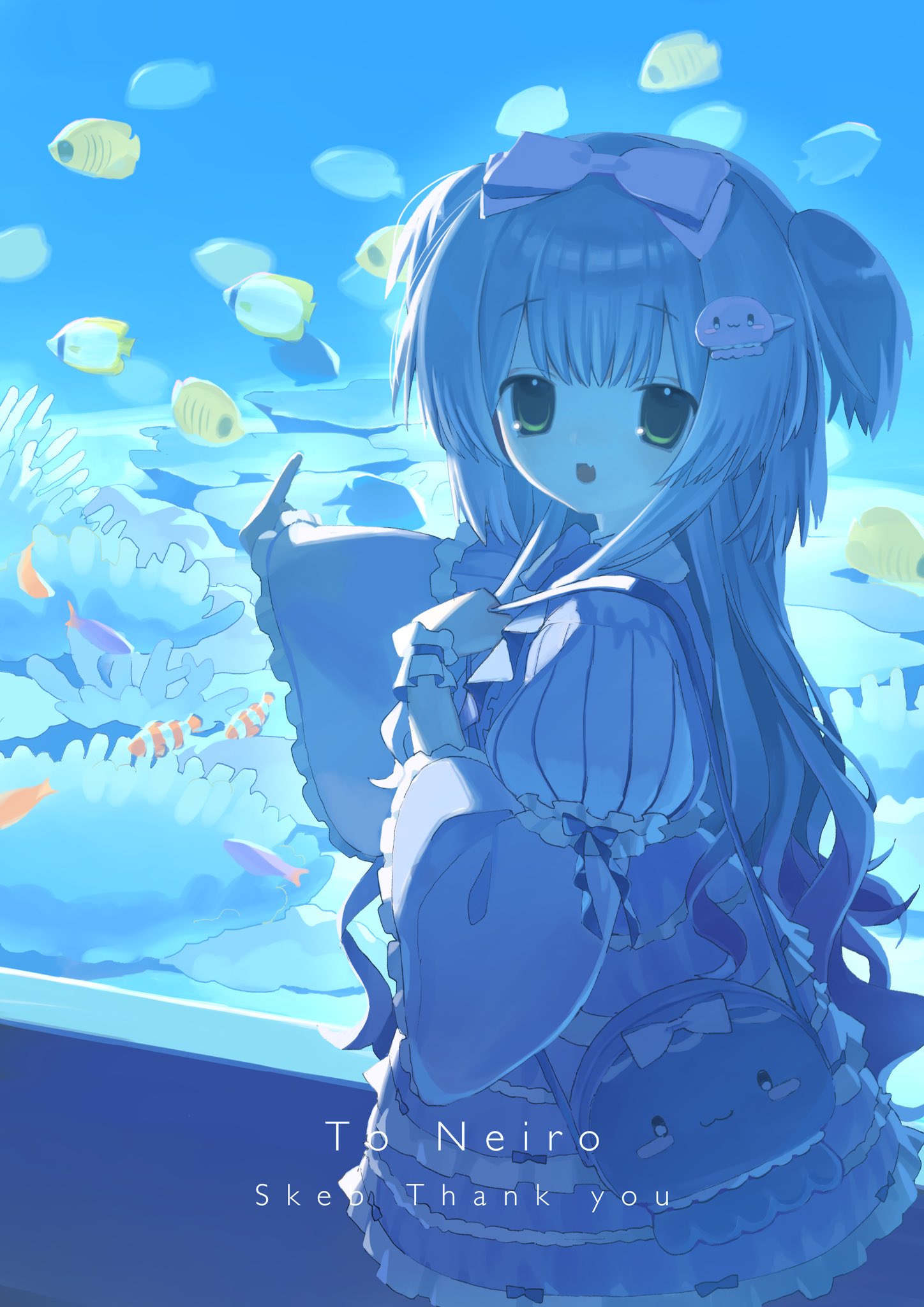 1girl, 2000s_(style), :d, aquarium, bag, borrowed_character, bow, commission