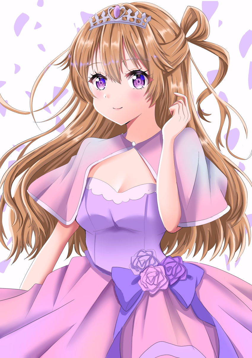1girl, absurdres, blush, breasts, brown_hair, capelet, closed_mouth, commentary