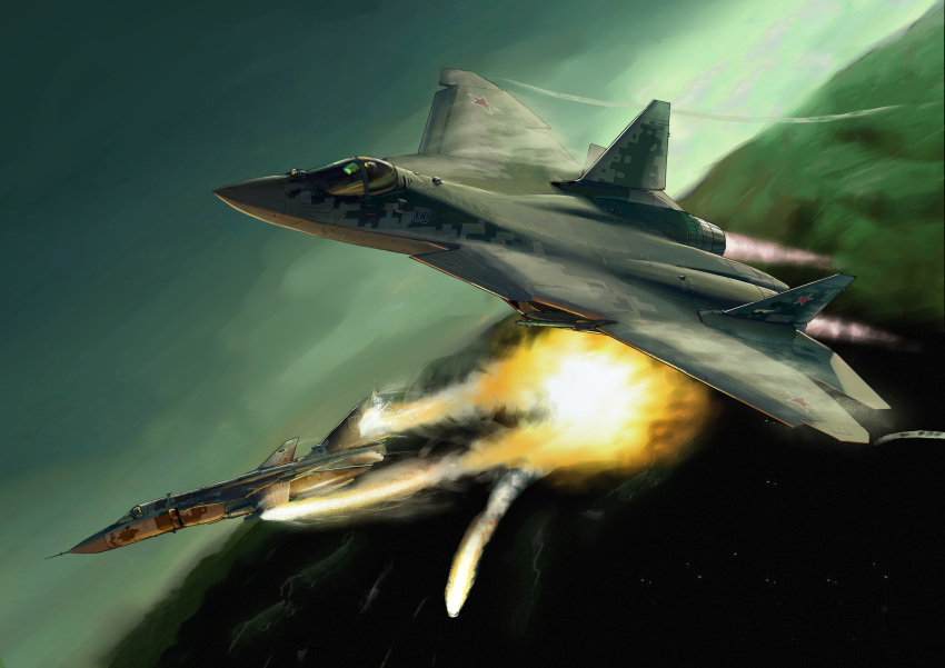 absurdres, aerial_battle, afterburner, aircraft, airplane, battle, camouflage, digital_camouflage