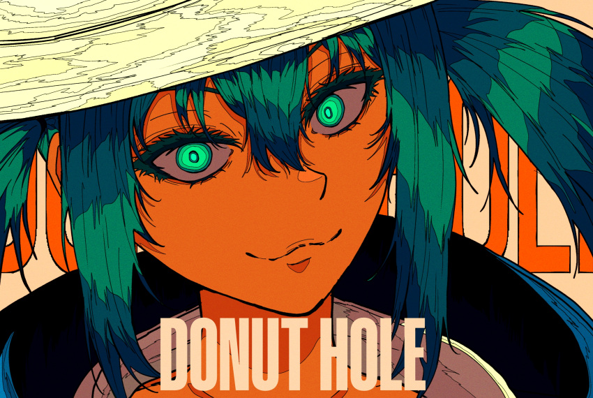1girl, aqua_eyes, aqua_hair, artdroiiid_ii, closed_mouth, donut_hole_(vocaloid), hair_between_eyes, hat