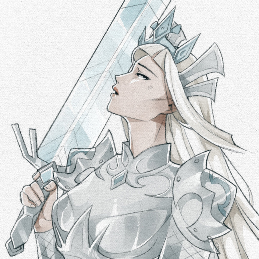 1girl, bridal_gauntlets, brown_eyes, fingernails, grey_armor, hand_up, highres, hime_cut