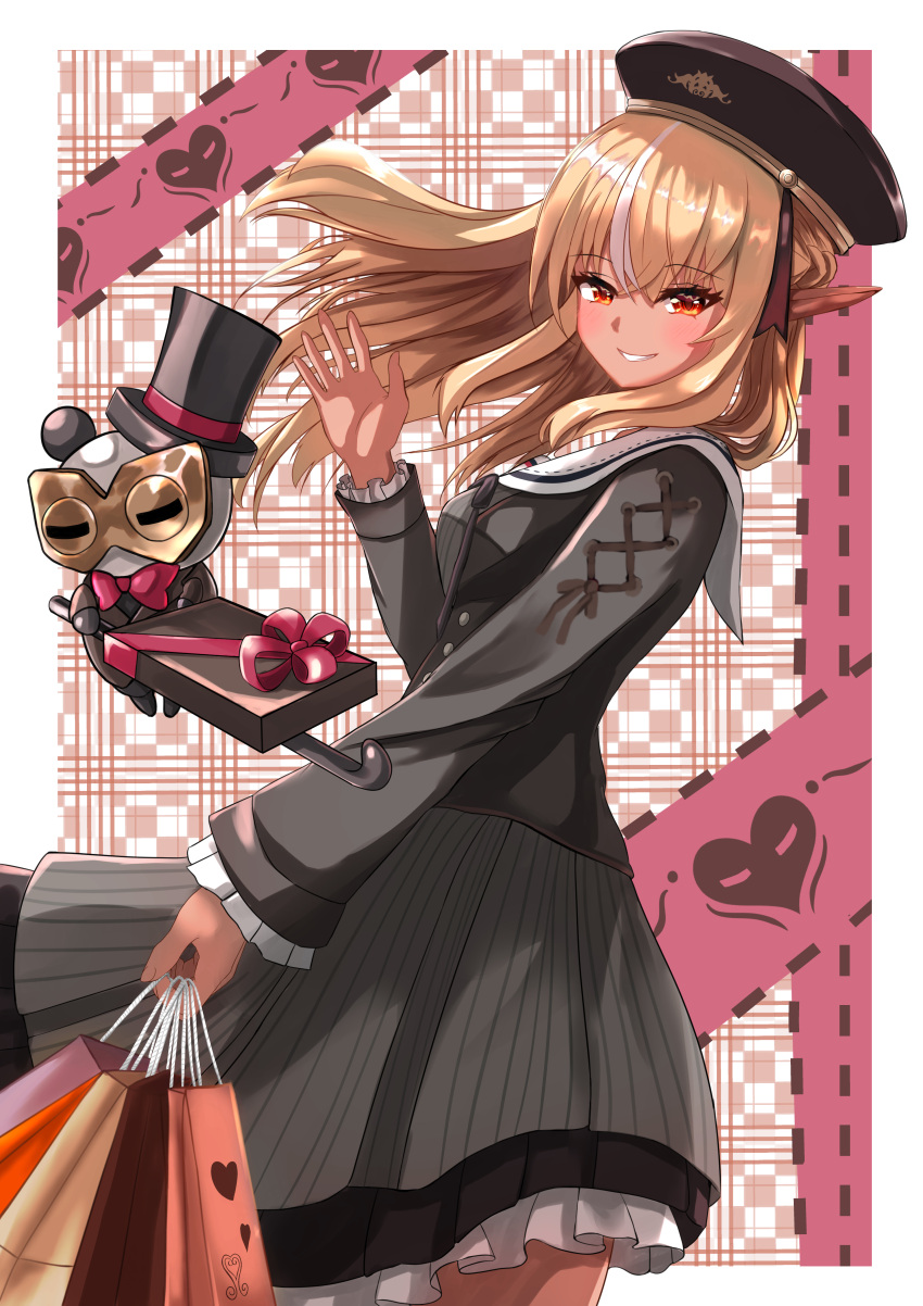 1girl, absurdres, bag, beret, black_shirt, black_skirt, blonde_hair, dark_elf