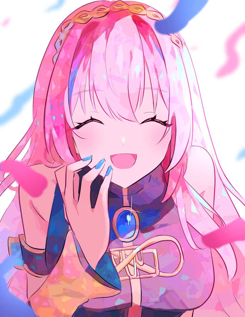 1girl, blue_gemstone, blue_nails, blush, breasts, brooch, closed_eyes, detached_sleeves