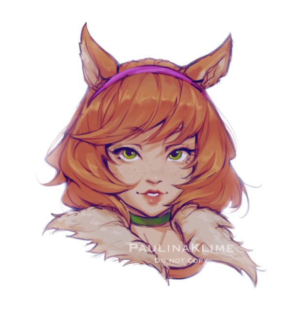 1girl, animal_ears, artist_name, choker, freckles, fur_trim, green_choker, green_eyes