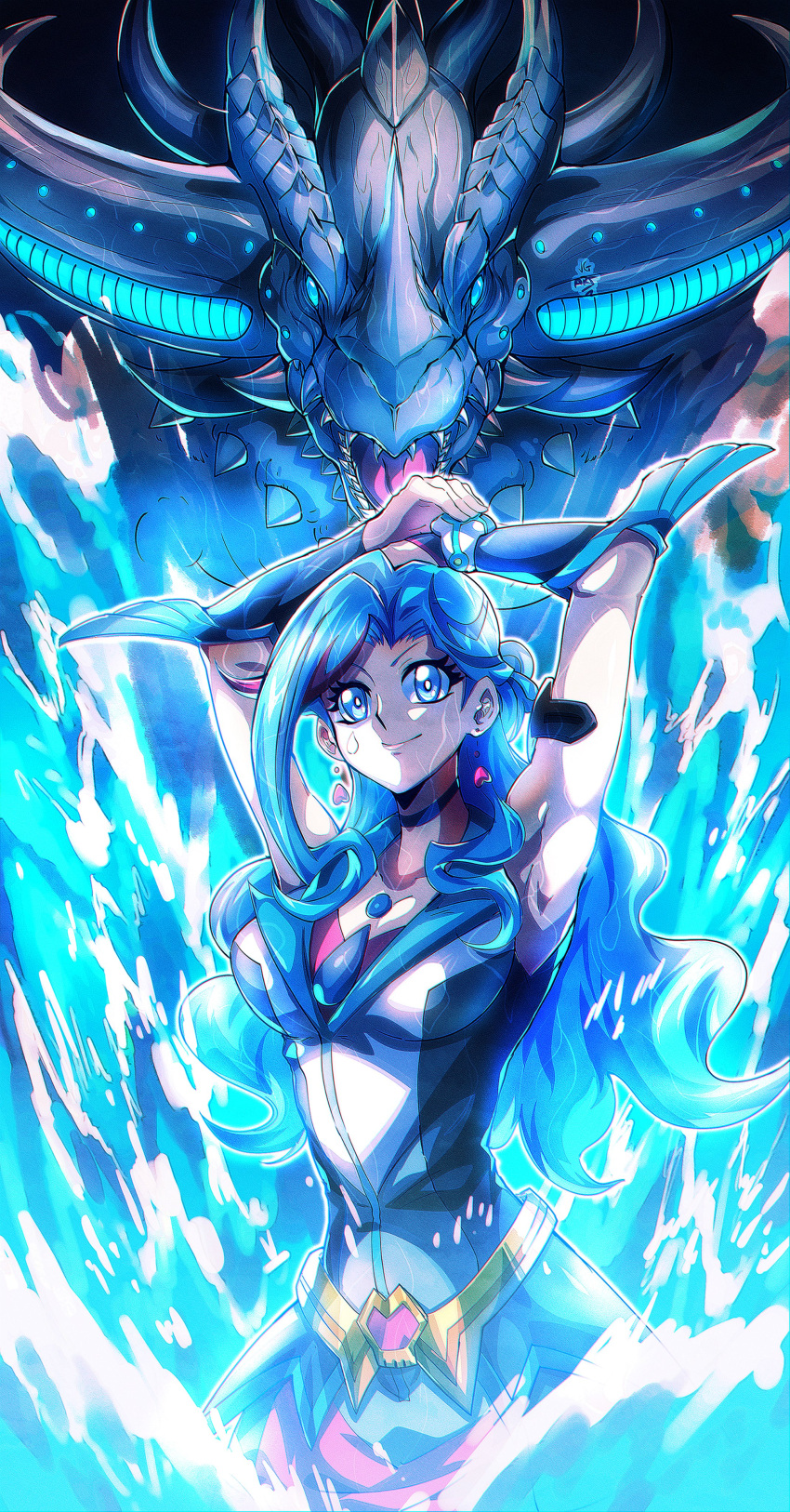 absurdres, armpits, arms_up, blue_eyes, blue_hair, blue_maiden, commission, cowboy_shot, dragon, duel_monster, highres, looking_at_viewer, shirt, sleeveless, sleeveless_shirt, smile, splashing, teardrop_facial_mark, vincent_graphic_art, water, worldsea_dragon_zealantis, yu-gi-oh!, yu-gi-oh!_vrains, zaizen_aoi