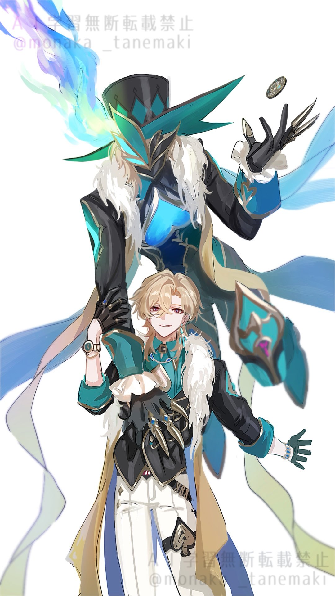 2boys, aqua_shirt, artist_name, aventurine_(boss)_(honkai:_star_rail), aventurine_(honkai:_star_rail), black_coat, black_collar, black_gloves