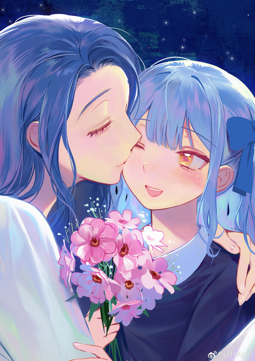 2girls, ;d, absurdres, age_difference, aged_down, bang_dream!, bang_dream!_it's_mygo!!!!!, blue_background