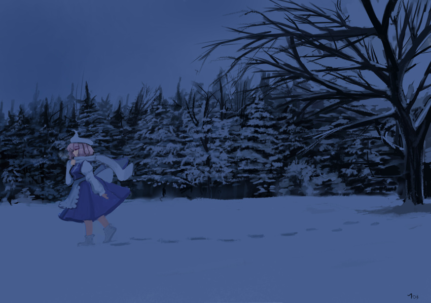 103anon, 1girl, apron, bare_tree, footprints, forest, from_side, full_body