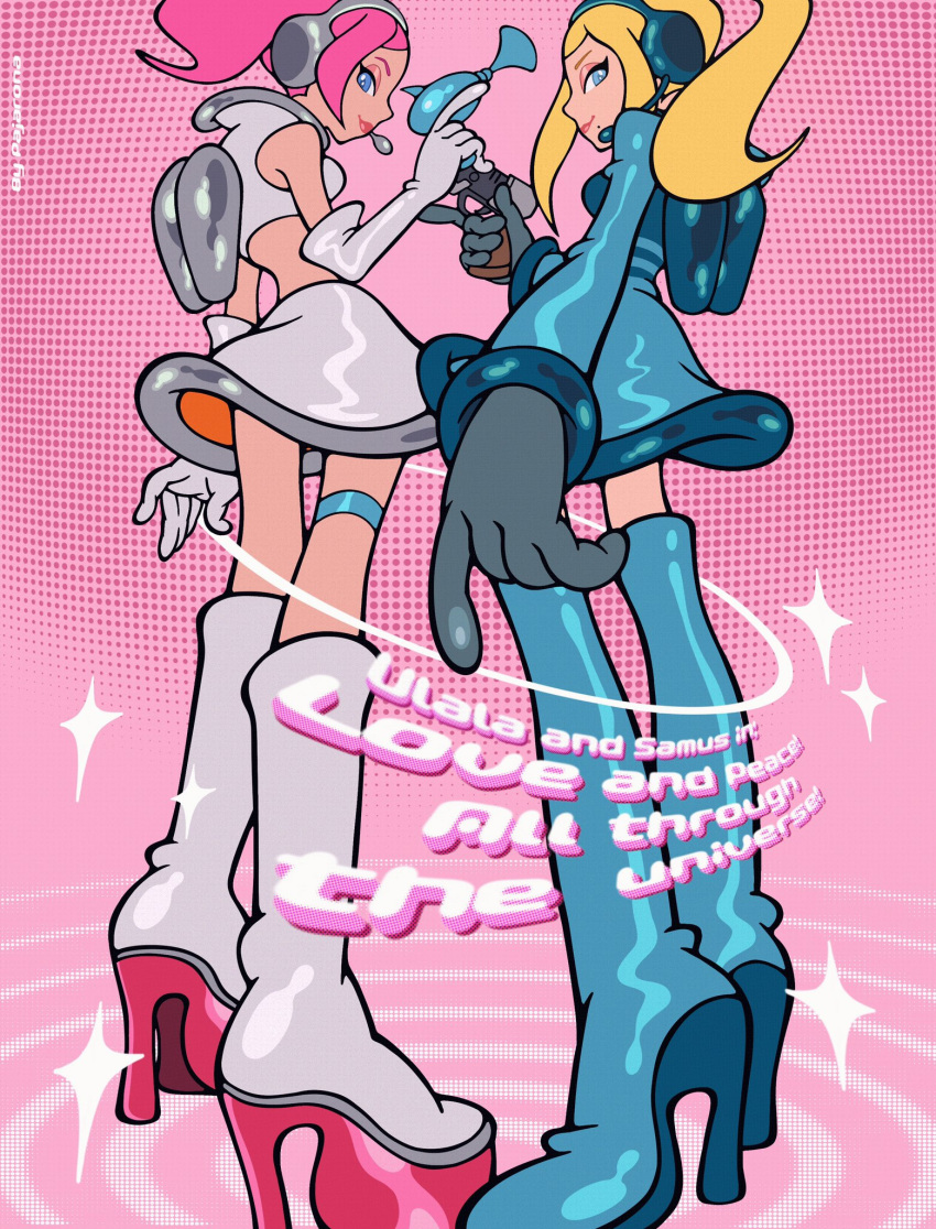 2girls, adapted_costume, alternate_costume, blonde_hair, blue_dress, blue_eyes, blue_footwear, blue_headphones, boots, cosplay, crop_top, cyber_fashion, dress, elbow_gloves, energy_gun, english_text, eyeshadow, from_below, full_body, game_console, gloves, gun, half-closed_eyes, hands_up, headset, high_collar, high_heel_boots, high_heels, highres, holding, holding_gun, holding_weapon, jetpack, lipstick, long_hair, long_sleeves, looking_at_viewer, makeup, metroid, microphone, midriff, miniskirt, multiple_girls, pajaronaa, pink_background, pink_eyebrows, pink_eyeshadow, pink_hair, pink_lips, platform_boots, platform_footwear, ponytail, profile, ray_gun, samus_aran, sega_dreamcast, short_dress, skirt, sleeveless, smile, solo, space_channel_5, thigh_boots, thigh_strap, twintails, ulala, ulala_(cosplay), weapon, white_footwear, white_gloves, white_skirt