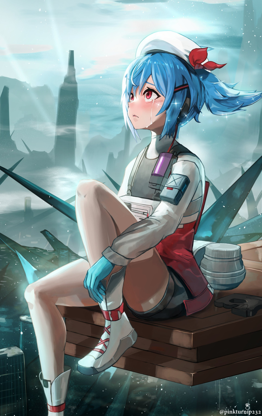 1girl, absurdres, bare_legs, black_shorts, blue_gloves, blue_hair, blush, boots