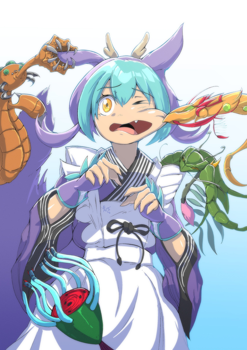 1girl, absurdres, apron, blue_kimono, cheek_pinching, commission, cowboy_shot, creature