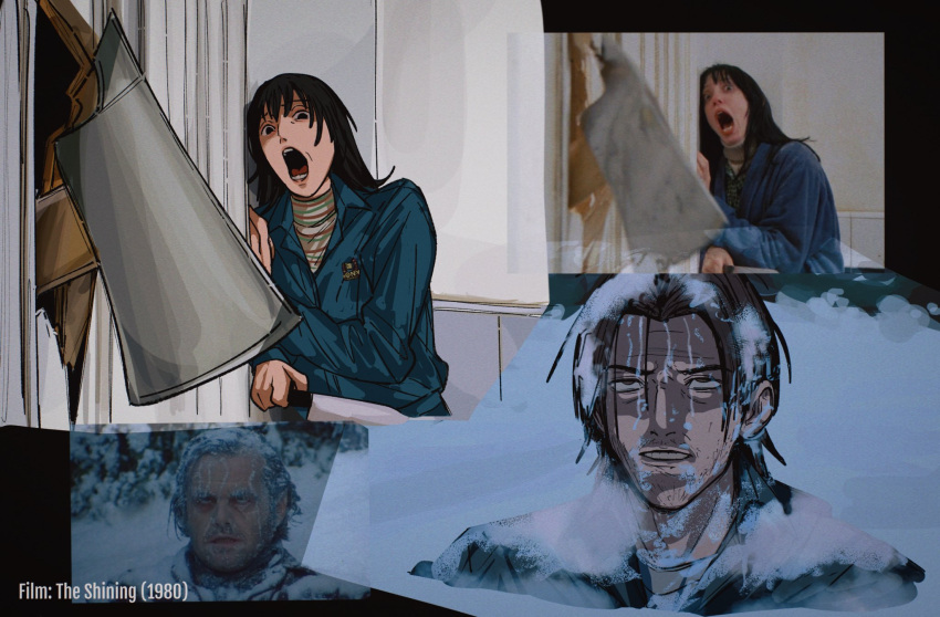 1980, 2boys, 2girls, against_wall, amikoiiko, anya_(mouthwashing), axe, beard_stubble