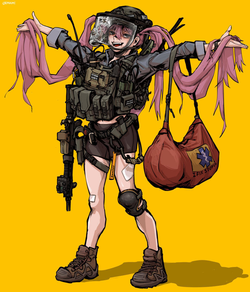 1girl, absurdres, ammunition_pouch, assault_rifle, bag, bandages, bike_shorts, black_eyes