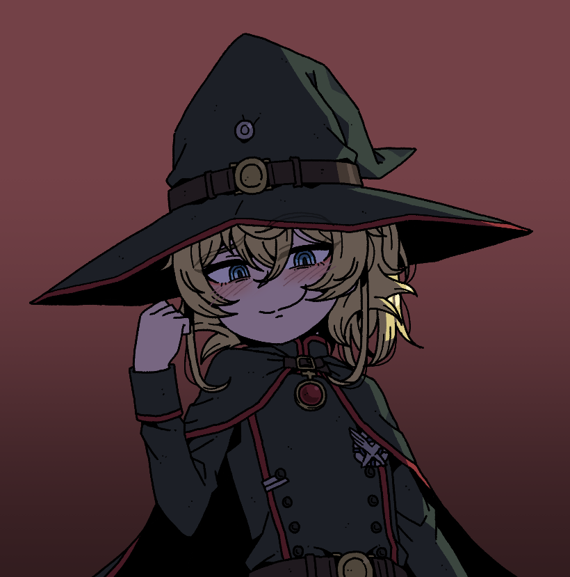 1girl, blonde_hair, blue_eyes, blush, cape, gradient_background, grin, hair_between_eyes