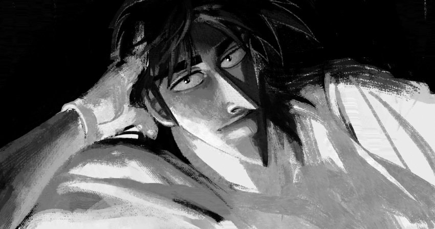 1boy, expressionless, fukumoto_nobuyuki_(style), greyscale, head_rest, highres, itou_kaiji, kaiji