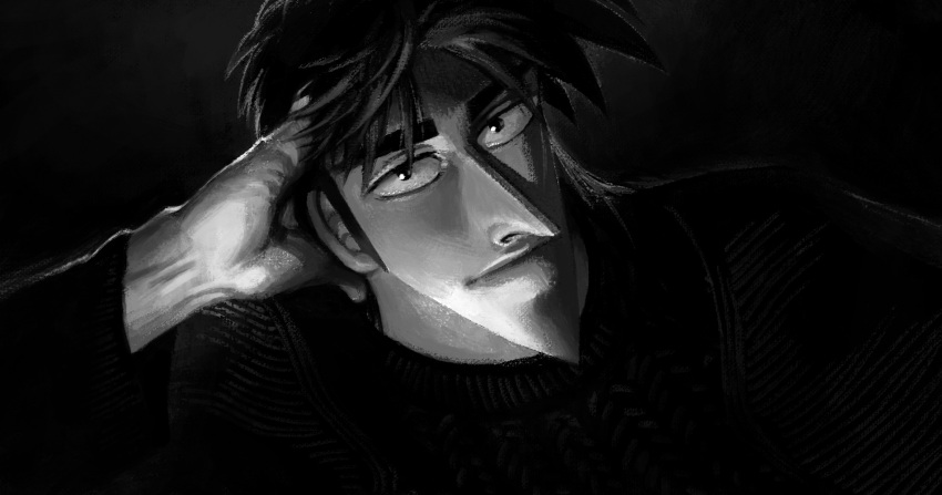 1boy, expressionless, fukumoto_nobuyuki_(style), greyscale, head_rest, highres, itou_kaiji, kaiji, looking_at_viewer, male_focus, monochrome, parody, pointy_chin, pointy_nose, shishinnonoii, solo, style_parody, sweater, upper_body