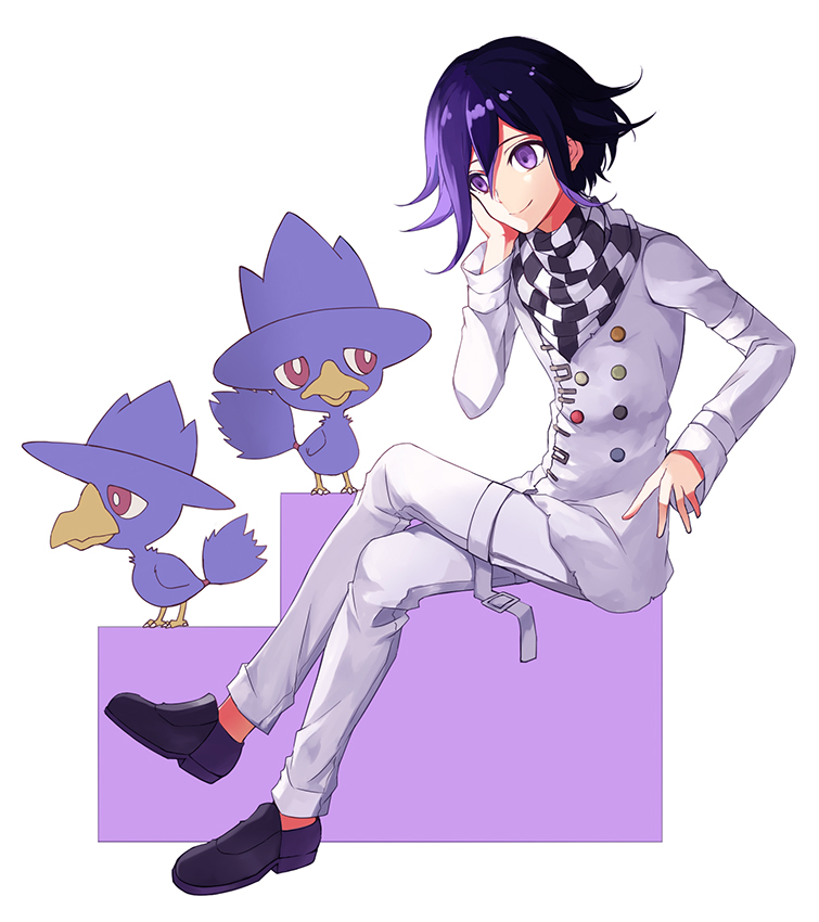 1boy, arm_belt, bird, bright_pupils, buttons, checkered_clothes, checkered_scarf, commentary_request