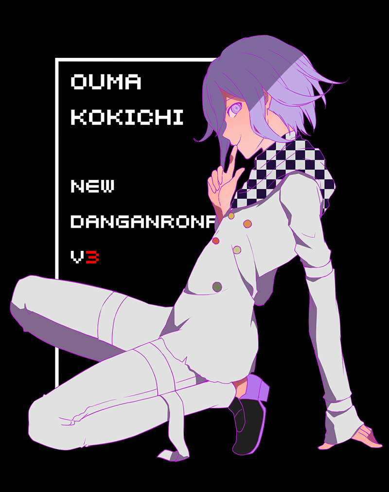 1boy, arm_belt, arm_support, black_background, buttons, character_name, checkered_clothes, checkered_scarf