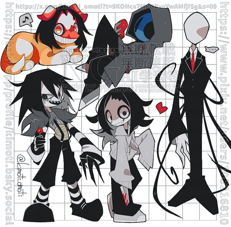 ..., 4boys, black_eyes, black_footwear, black_hair, black_jacket, black_pants, blood, blood_on_knife, candy, collared_shirt, colored_skin, creepypasta, dog, drawstring, eyeless_jack, faceless, faceless_male, food, full_body, fur_trim, grey_footwear, grey_hoodie, grin, hair_between_eyes, hashtag-only_commentary, heart, holding, holding_candy, holding_food, holding_knife, holding_lollipop, hollow_eyes, hood, hood_down, hood_up, hoodie, jacket, jeff_the_killer, kimoti_omoti, knife, laughing_jack, lollipop, long_hair, long_sleeves, looking_at_viewer, male_focus, multiple_boys, musical_note, necktie, no_pupils, open_mouth, orange_eyes, pants, pointy_nose, puffy_long_sleeves, puffy_sleeves, red_necktie, sharp_teeth, shirt, simple_background, sleeves_past_fingers, sleeves_past_wrists, slender_man, smile, smile_dog, spoken_ellipsis, spoken_musical_note, standing, striped_clothes, suspenders, teeth, upper_teeth_only, watermark, web_address, white_background, white_footwear, white_hoodie, white_shirt, white_skin, wide-eyed