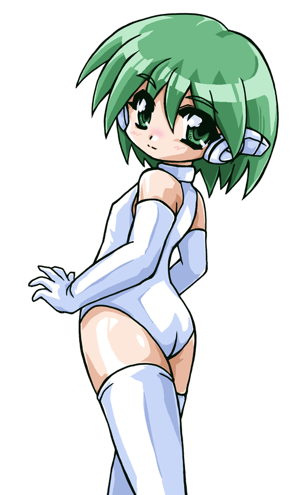 bad_id, elbow_gloves, gloves, green_eyes, green_hair, leotard, looking_back, multi