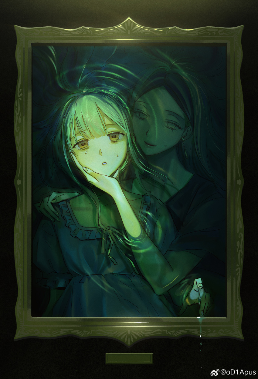 2girls, absurdres, alternate_costume, asphyxiation, bags_under_eyes, bang_dream!, bang_dream!_it's_mygo!!!!!, black_shirt, center-flap_bangs, chinese_commentary, closed_mouth, collarbone, commentary_request, dark, dress, drowning, earrings, empty_eyes, expressionless, forehead, frilled_dress, frills, front-to-back, g00d1a, green_eyes, green_hair, hand_on_another's_cheek, hand_on_another's_chin, hand_on_another's_face, hand_on_another's_shoulder, highres, horror_(theme), jewelry, long_hair, looking_ahead, looking_at_viewer, making-of_available, mori_minami, mother_and_daughter, multiple_girls, neck_ribbon, parted_lips, partially_submerged, picture_frame, puffy_short_sleeves, puffy_sleeves, ribbon, ripples, shirt, short_sleeves, smile, square_neckline, stud_earrings, submerged, sweat, t-shirt, through_medium, through_painting, wakaba_mutsumi, water_drop, watermark, weibo_watermark, yellow_eyes