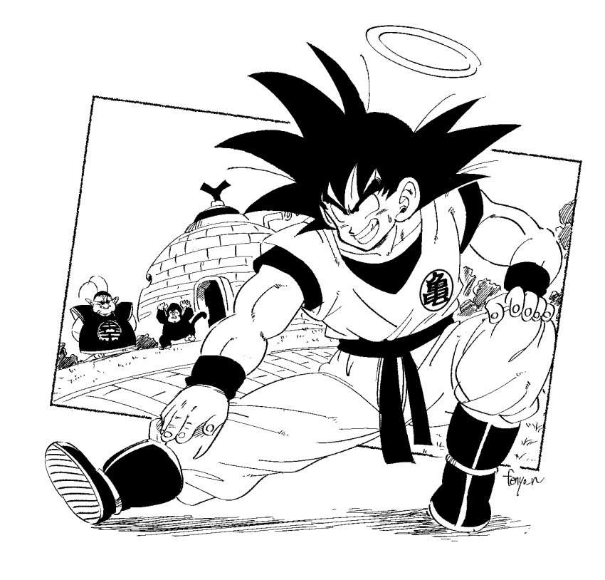 3boys, antennae, arms_behind_back, boots, bubbles_(dragon_ball), dougi, dragon_ball, dragon_ball_z, excited, fenyon, grin, halo, hand_on_own_knee, highres, igloo, medium_hair, monkey, monochrome, multiple_boys, muscular, muscular_male, north_kaiou, orange_dougi, pointy_ears, signature, smile, snow_shelter, son_goku, spiky_hair, stretching