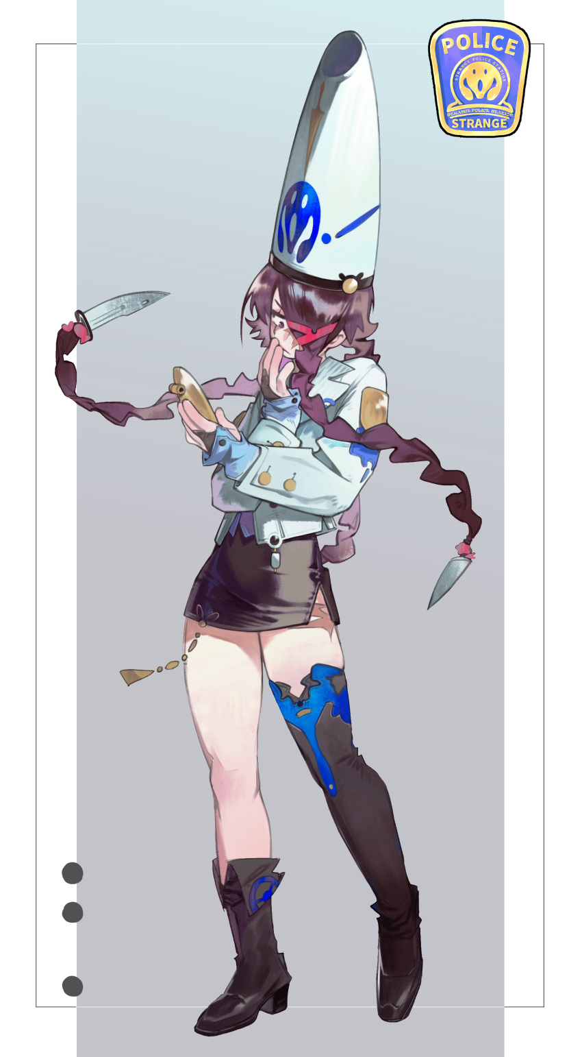 1girl, absurdres, boots, commentary, gradient_background, hair_over_one_eye, highres, knife_hair_ornament