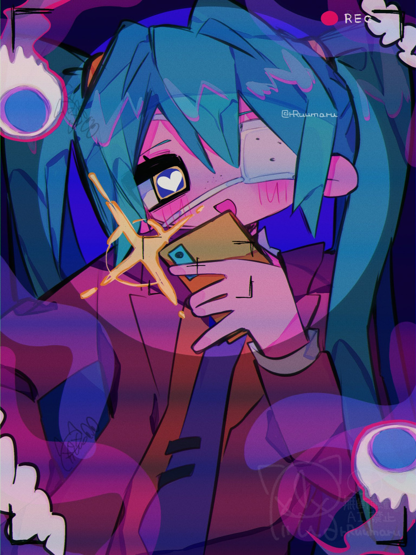 1girl, aqua_hair, blue_eyes, blush, camera_flash, cellphone, eyepatch, hair_between_eyes
