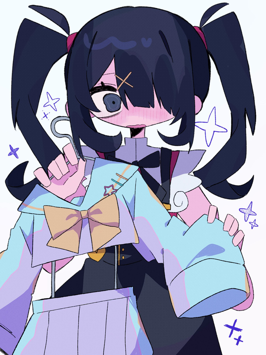 1girl, ame-chan_(needy_girl_overdose), black_eyes, black_hair, black_ribbon, black_skirt, blue_serafuku, blush, bow, clothes_hanger, crop_top, daten_route, embarrassed, hair_ornament, hair_over_one_eye, highres, holding, holding_clothes_hanger, holding_unworn_clothes, jirai_kei, long_hair, looking_at_object, neck_ribbon, needy_girl_overdose, open_mouth, pleated_skirt, ribbon, ringed_eyes, rruumaru, school_uniform, serafuku, shirt, skirt, solo, sparkle, suspender_skirt, suspenders, twintails, white_background, x_hair_ornament, yellow_bow
