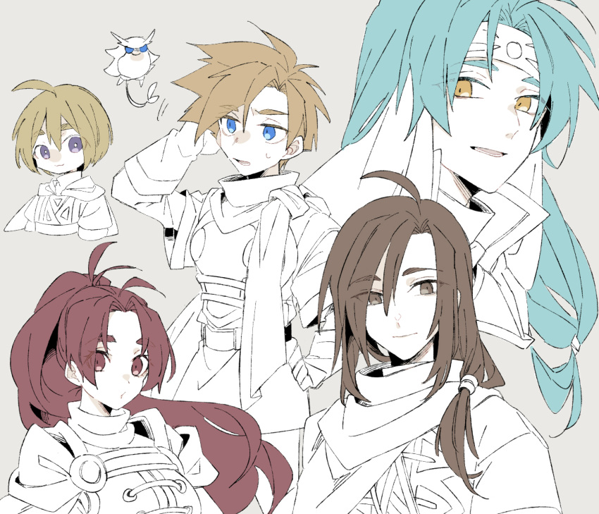 1girl, 4boys, aqua_hair, blonde_hair, bowl_cut, brown_eyes, brown_hair, cape_clasp