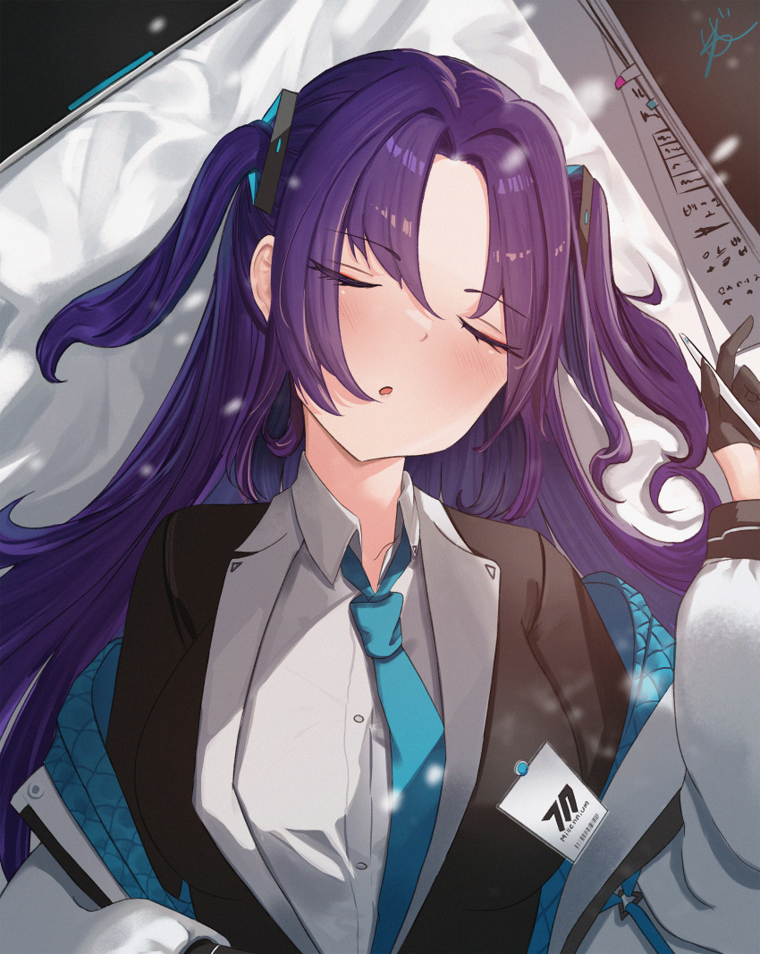 1girl, :o, absurdres, black_gloves, black_suit, blue_archive, blue_necktie, blush, closed_eyes, collared_shirt, commentary, eyelashes, eyes_visible_through_hair, gloves, hair_intakes, hair_ornament, hair_spread_out, half_gloves, hand_up, highres, holding, holding_pen, id_card, jacket, jesh_art, long_hair, necktie, open_clothes, open_jacket, open_mouth, paper, parted_bangs, pen, purple_hair, school_uniform, shirt, sleeping, solo, suit, triangle_hair_ornament, two_side_up, upper_body, white_jacket, white_shirt, yuuka_(blue_archive)