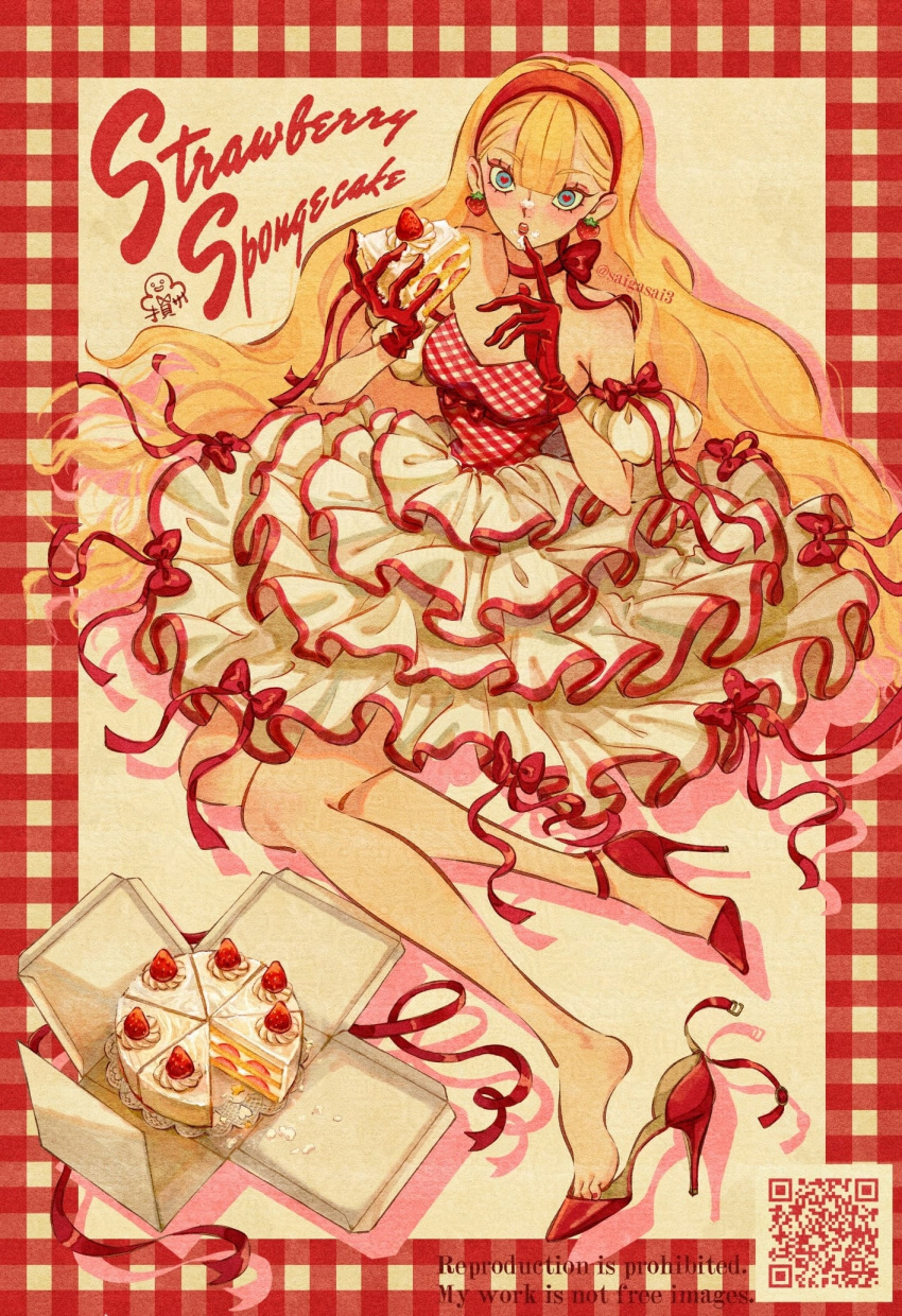 1girl, blonde_hair, cake, candy, commentary_request, detached_sleeves, dress, earrings, eating, food, food_art, frilled_dress, frills, gloves, heart, heart-shaped_eyes, highres, icing_on_face, jewelry, nail_polish, neck_ribbon, original, polka_dot, polka_dot_dress, retro_artstyle, ribbon, saigasai, sepia, strawberry_shortcake, sweets
