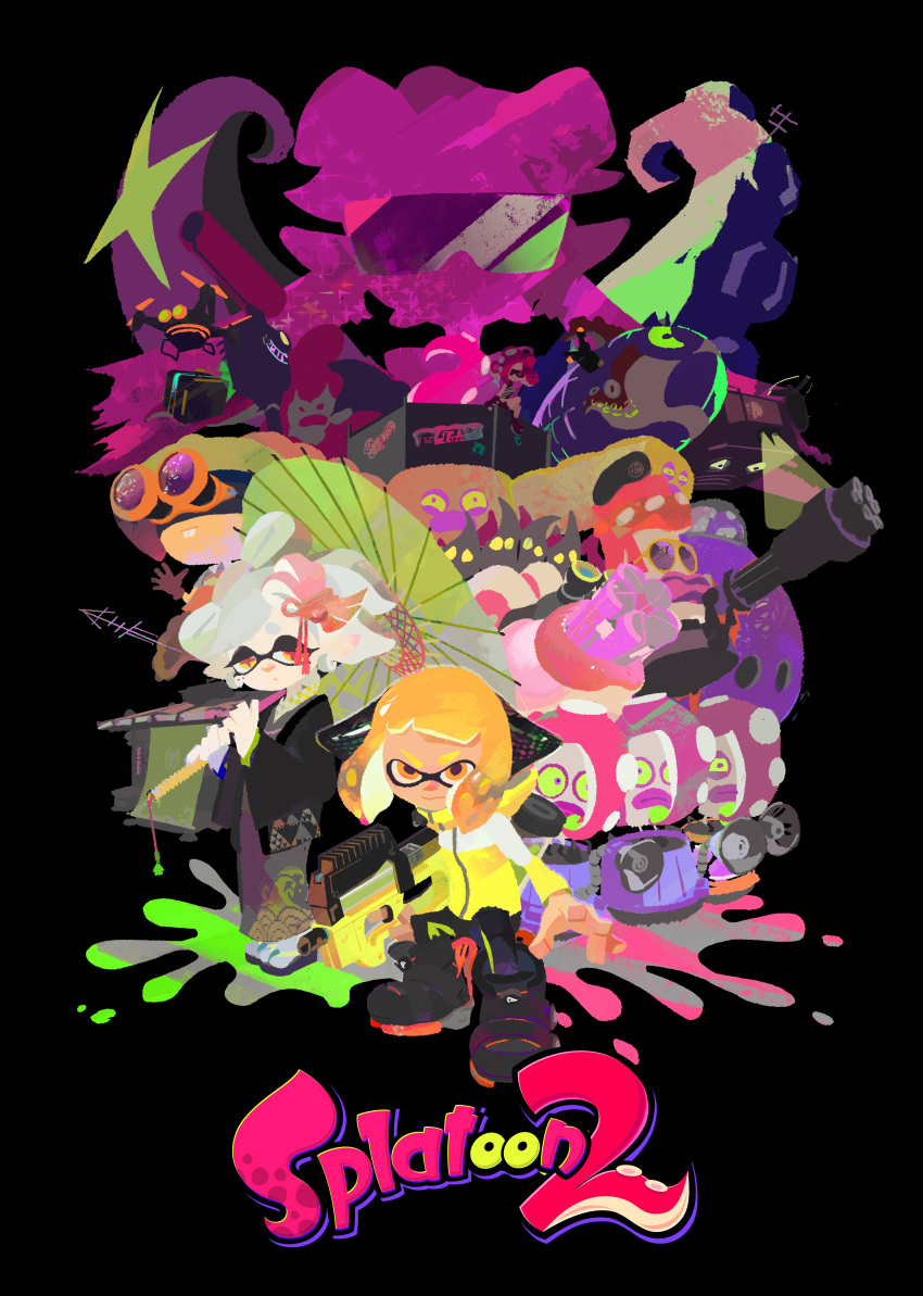 1boy, 4girls, absurdres, agent_4_(splatoon), black_background, black_footwear, black_gloves, black_haori