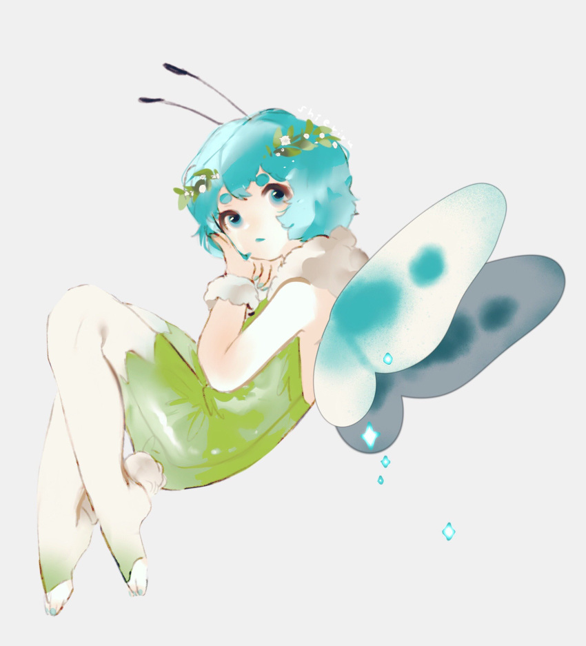 1girl, antennae, blue_eyes, blue_hair, blue_lips, blue_nails, butterfly_wings, closed_mouth