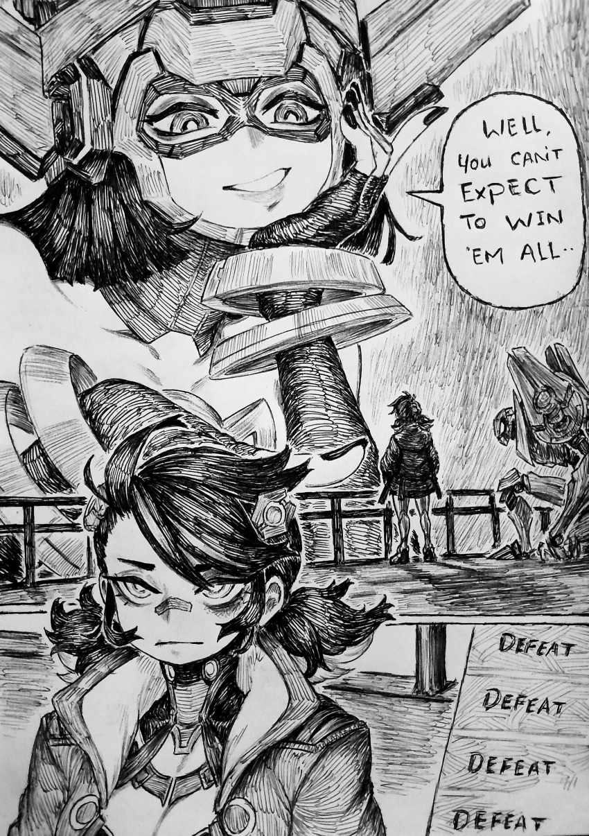 2girls, absurdres, bandaid, bandaid_on_face, bandaid_on_nose, bodysuit, bracelet, chronozbergh, english_text, fingerless_gloves, galacta, giant, giantess, gloves, goslingposting_(meme), greyscale, hand_on_own_cheek, hand_on_own_face, helmet, highres, jacket, jewelry, looking_at_another, low_twintails, marvel, marvel_rivals, mecha, mecha_pilot_suit, meme, monochrome, multiple_girls, open_clothes, open_jacket, peni_parker, pointing, pointing_at_another, railing, robot, size_difference, speech_bubble, swept_bangs, traditional_media, twintails, you_look_lonely_(meme)