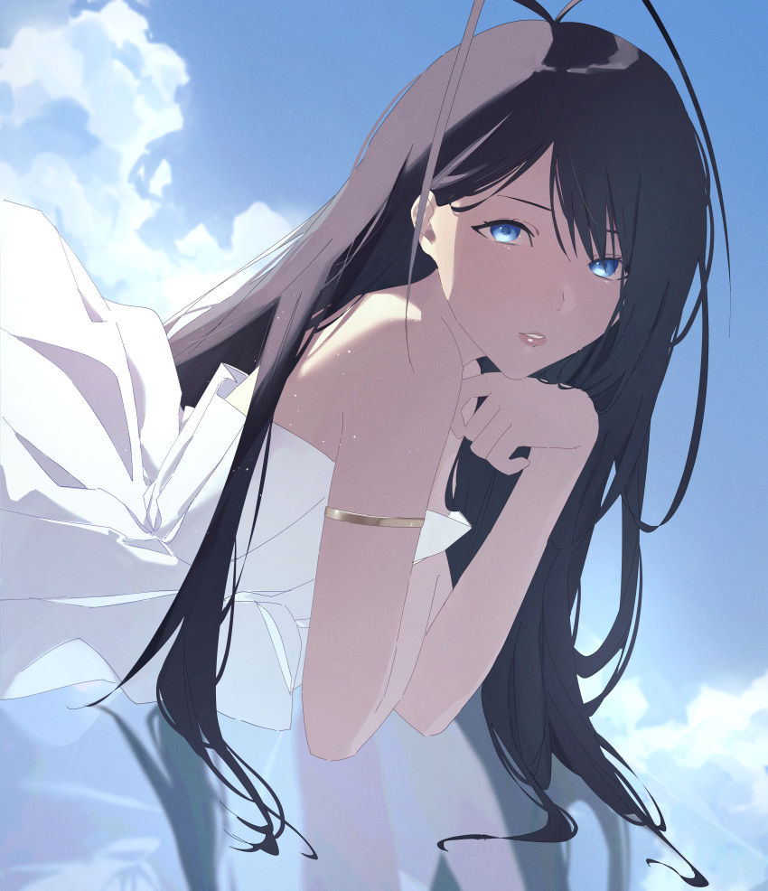 1boy, absurdres, alternate_costume, antenna_hair, armlet, backlighting, bare_shoulders, black_hair