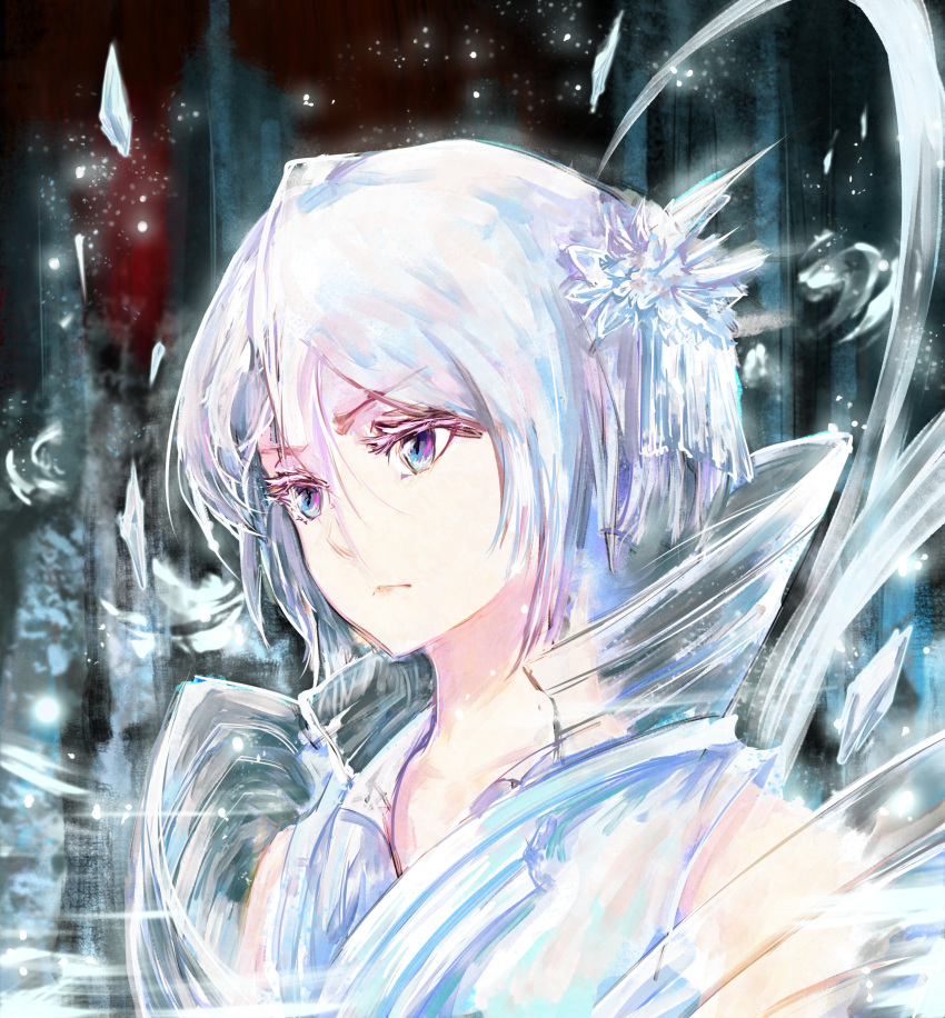 1girl, absurdres, bankai, bare_shoulders, bleach, bleach:_sennen_kessen-hen, blue_eyes, close-up, closed_mouth, collared_dress, colored_eyelashes, commentary, dress, eyelashes, hair_between_eyes, hair_ornament, hakka_no_togame_(bankai), highres, huijin, ice, kanzashi, kuchiki_rukia, looking_ahead, official_alternate_costume, outdoors, ribbon, serious, short_hair, solo, traditional_media, v-shaped_eyebrows, visible_air, white_dress, white_hair, white_ribbon