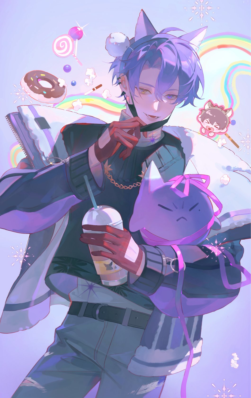 1boy, animal_ears, black_mask, black_shirt, candy, candyhaha233, cup, disposable_cup