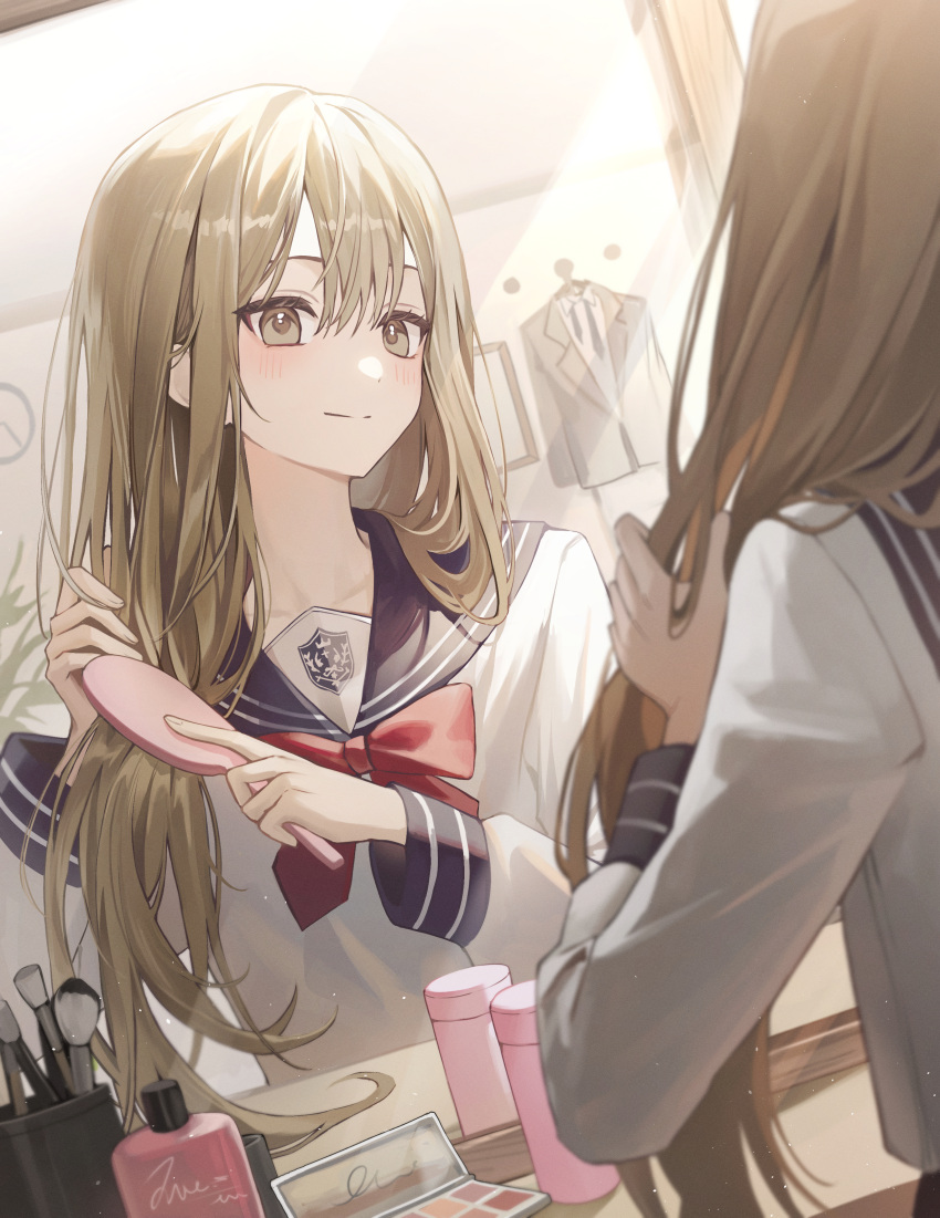 1boy, absurdres, androgynous, as4_s2, blazer, blonde_hair, blue_sailor_collar, bow