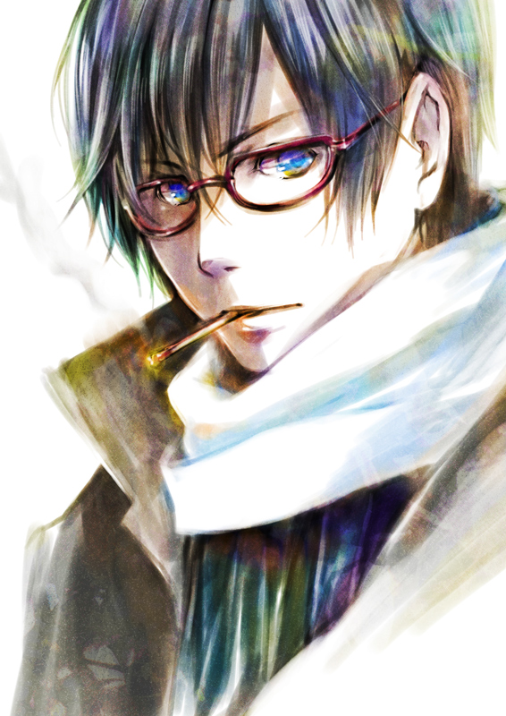 bespectacled, blue_eyes, blue_hair, cigarette, glasses, kaito, male, portrait