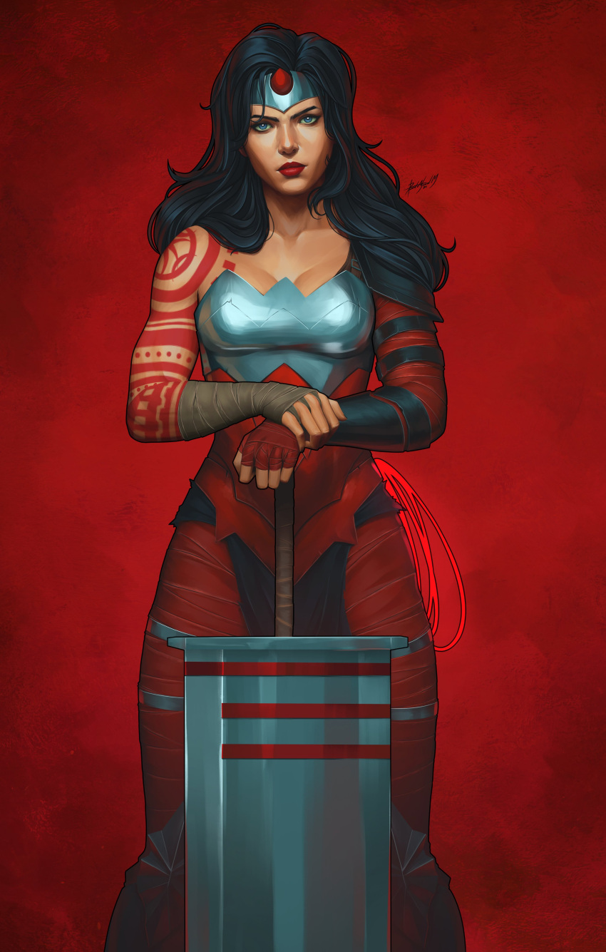 1girl, absolute_wonder_woman, absurdres, black_hair, blue_eyes, clip_studio_paint_(medium), dalejomej, dc_comics, highres, huge_weapon, long_hair, looking_at_viewer, official_alternate_costume, planted, planted_sword, red_background, signature, solo, sword, tattoo_sleeve, weapon, wonder_woman, wonder_woman_(series)