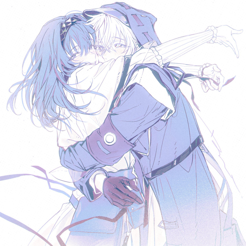 1boy, 1girl, arknights, armband, between_fingers, blush, capelet, coat