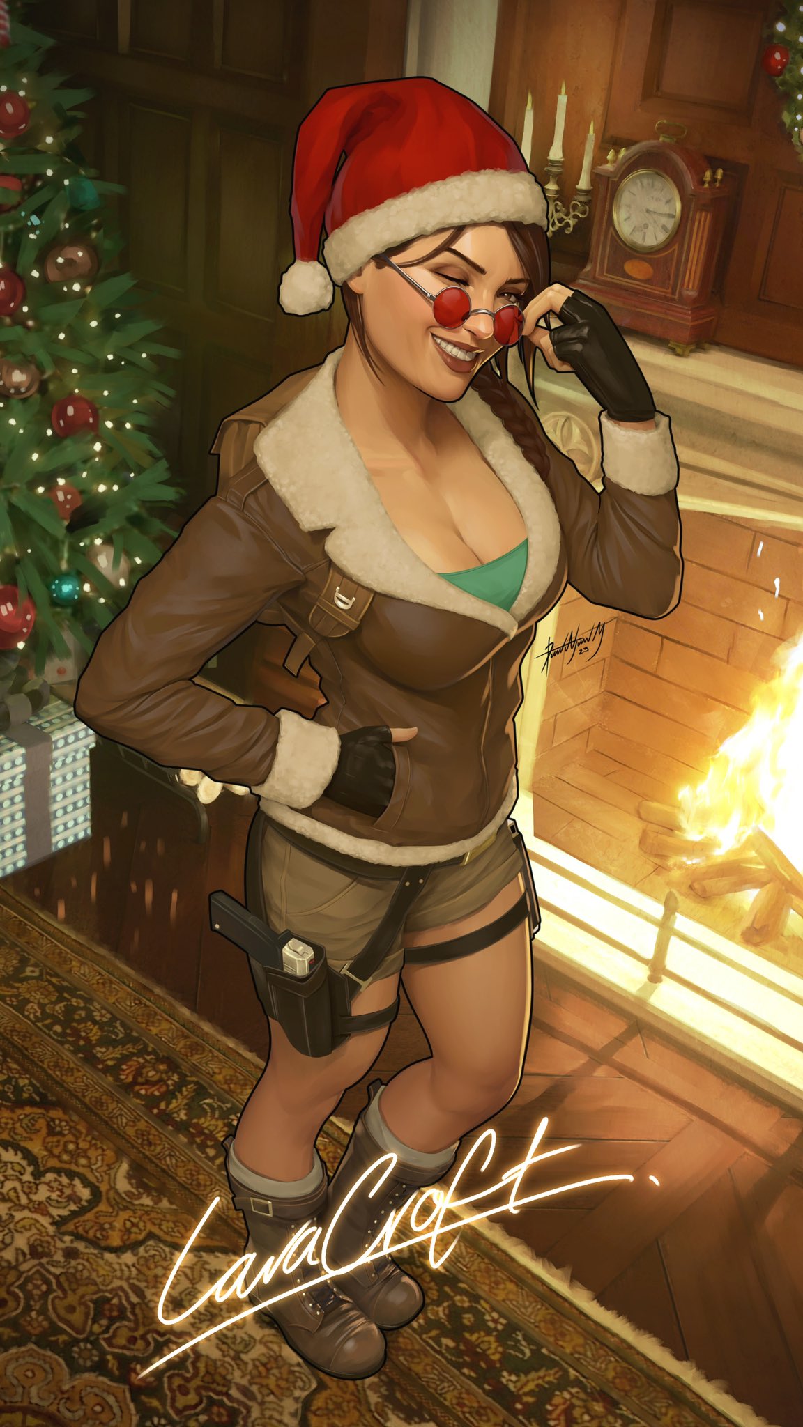 1girl, adjusting_eyewear, black_gloves, boots, brown_eyes, brown_footwear, brown_hair, brown_jacket