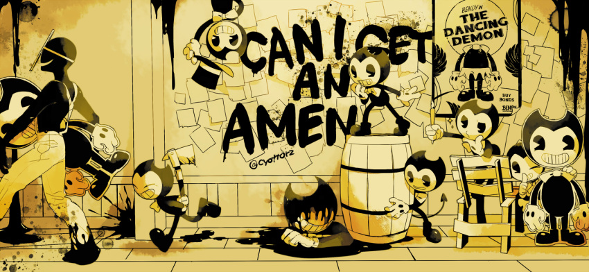 6+boys, ^_^, ankle_boots, axe, barrel, bendy, bendy_and_the_ink_machine, boots