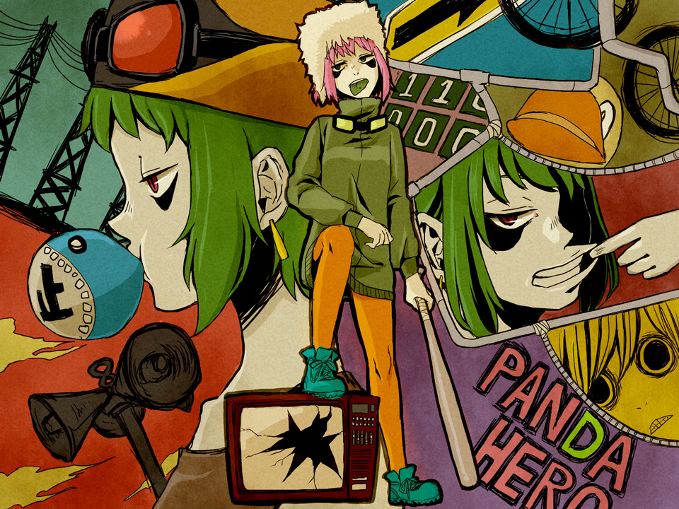 baseball_bat, bonnet, bubblegum, goggles, green_hair, gumi, helmet, mameda