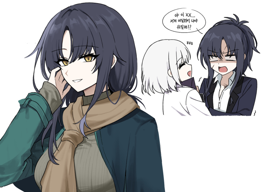3girls, angelia_(girls'_frontline), black_hair, black_jacket, brown_sweater, coat, collared_shirt, embla_(girls'_frontline), girls_frontline, green_coat, jacket, korean_text, lix_(iroiro3843), long_hair, long_sleeves, multiple_girls, open_mouth, ponytail, rpk-16_(girls'_frontline), rpk-16_(renate)_(girls'_frontline), scar, scar_on_face, scarf, shirt, smile, suit, sweater, translation_request, turtleneck, turtleneck_sweater, white_hair, white_shirt, white_suit, yellow_eyes, yellow_scarf